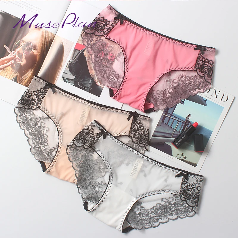 

New sale Sexy embroidered bud silk gauze cotton inner file ladies breathable multi-size comfortable bow triangle briefs