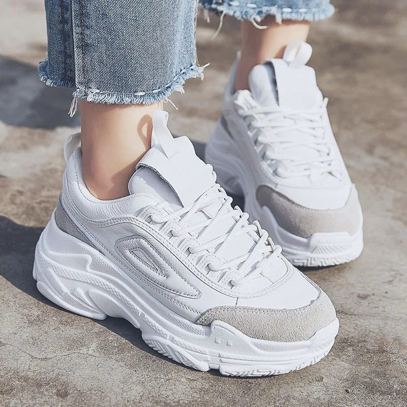 

Genuine Leather Women Dad Sneakers Lady Casual White Tenis Shoes Women Thick Soled Shoes Cross-tied Students Zapatillas Mujer