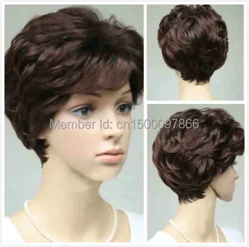 Dark Brown Older Women Short Curly Hair Natural Full Wigs Fluffy
