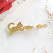 Японские металлические Золотые женские Девушки миловидный зажим для волос Мультфильм Drawbench кошка шпильки с рыбками имитация жемчуга школьные заколки