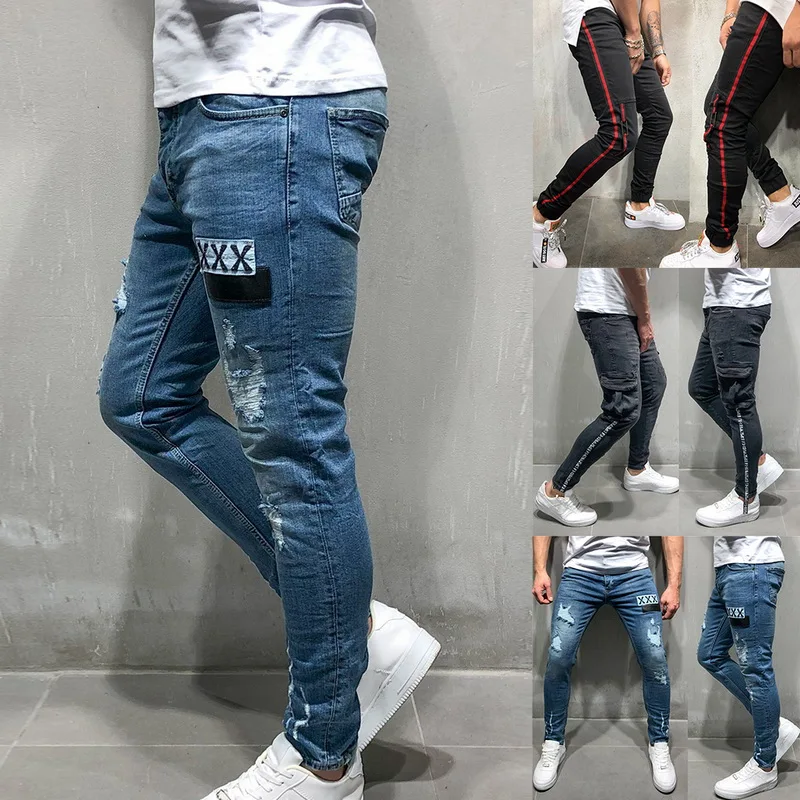 Модные уличные мужские джинсы, клетчатые Лоскутные обтягивающие брюки, узкие джинсы на молнии, мужские рваные джинсы