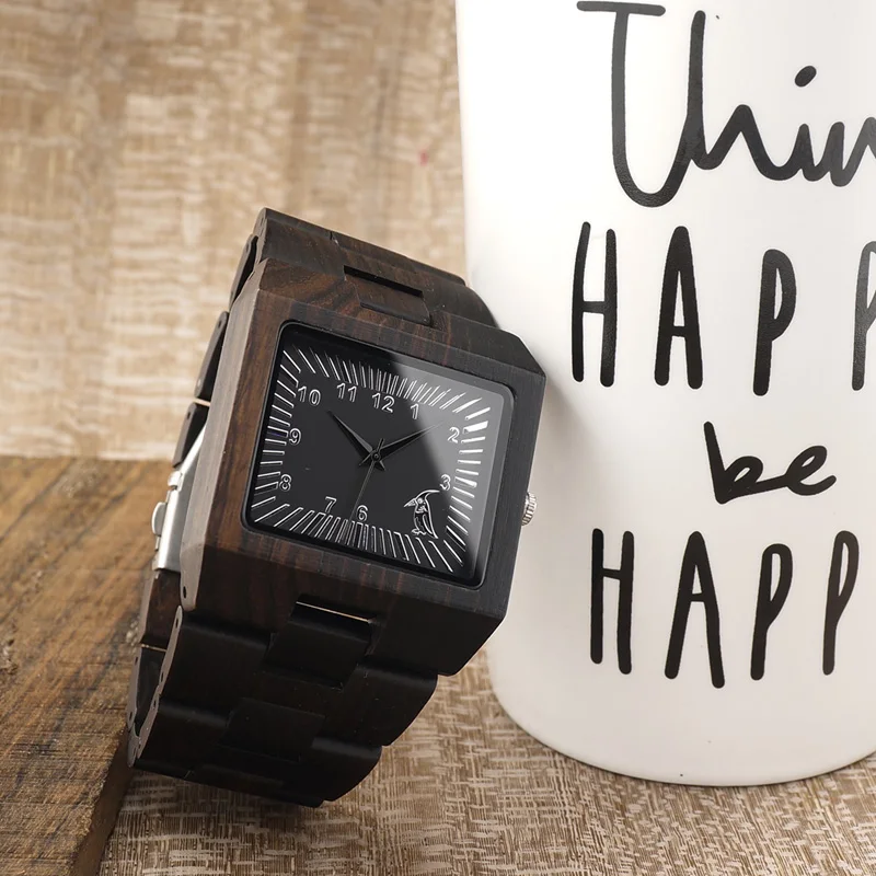 BOBO BIRD Ebony Wooden Rectangle Quartz Wrist Watch Mens Top Luxury Band with All Wooden Band in Gift Box relogio masculino