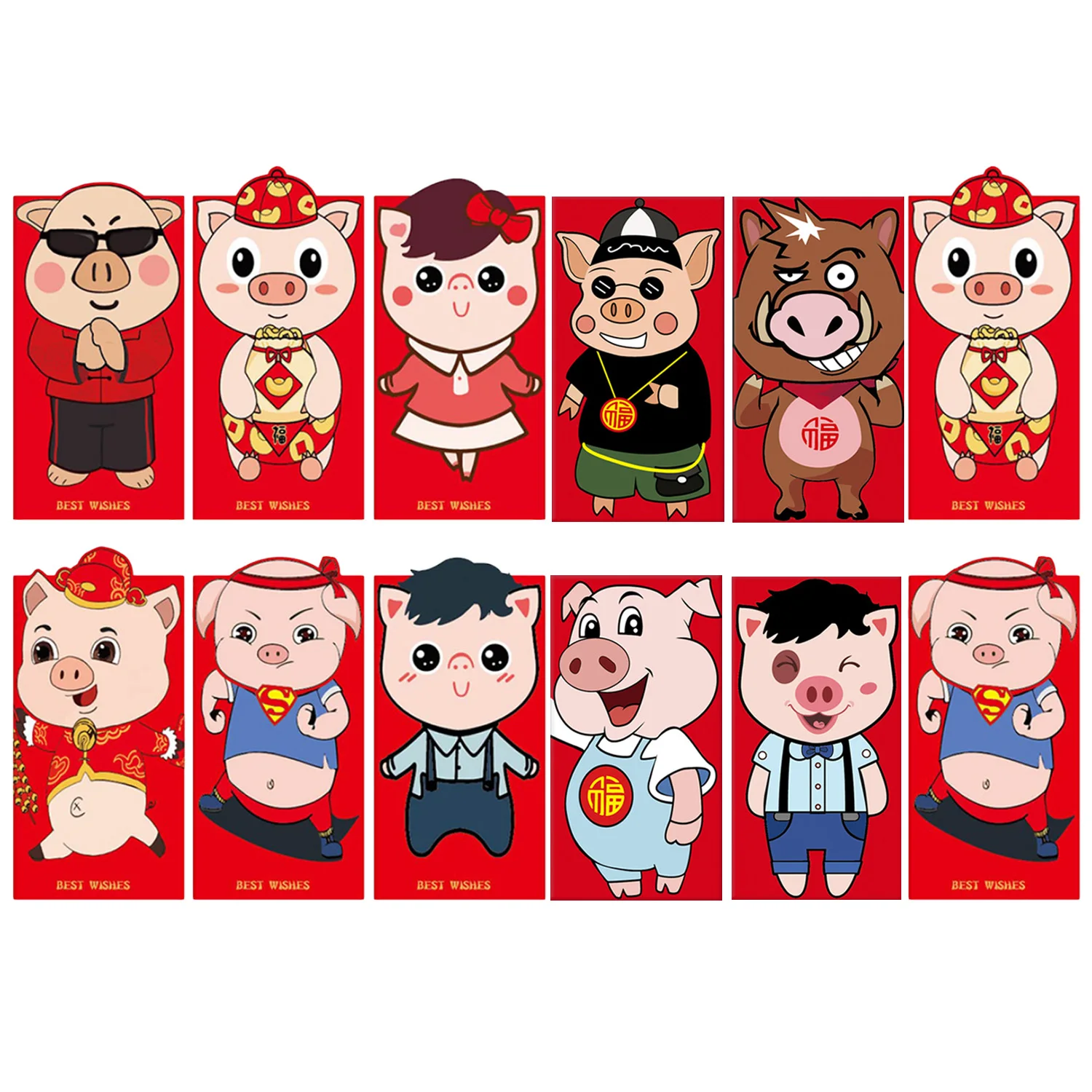

Behogar 12PCS Assorted Pattern 2019 Chinese Pig New Year Spring Festival Red Envelopes Hong Bao Lucky Money Packets 17x9cm