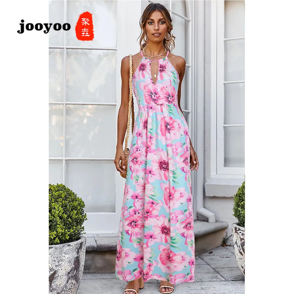 Spring and Summer New Sleeveless Hanging Neck V-neck Tie Printed Dress Women's Clothing  Dress Women Elegant Ladies jooyoo