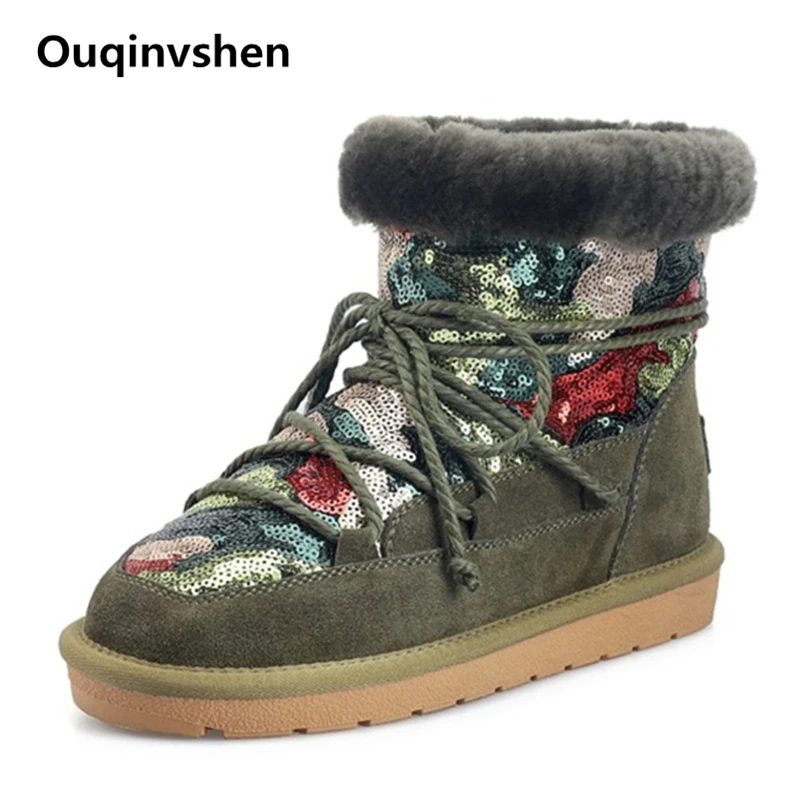

Ouqinvshen Cow Suede Cross-tied Glitter Boots Flat Winter Casual Plush Black Women Snow Boots Bling Fashion Warm Boots Women