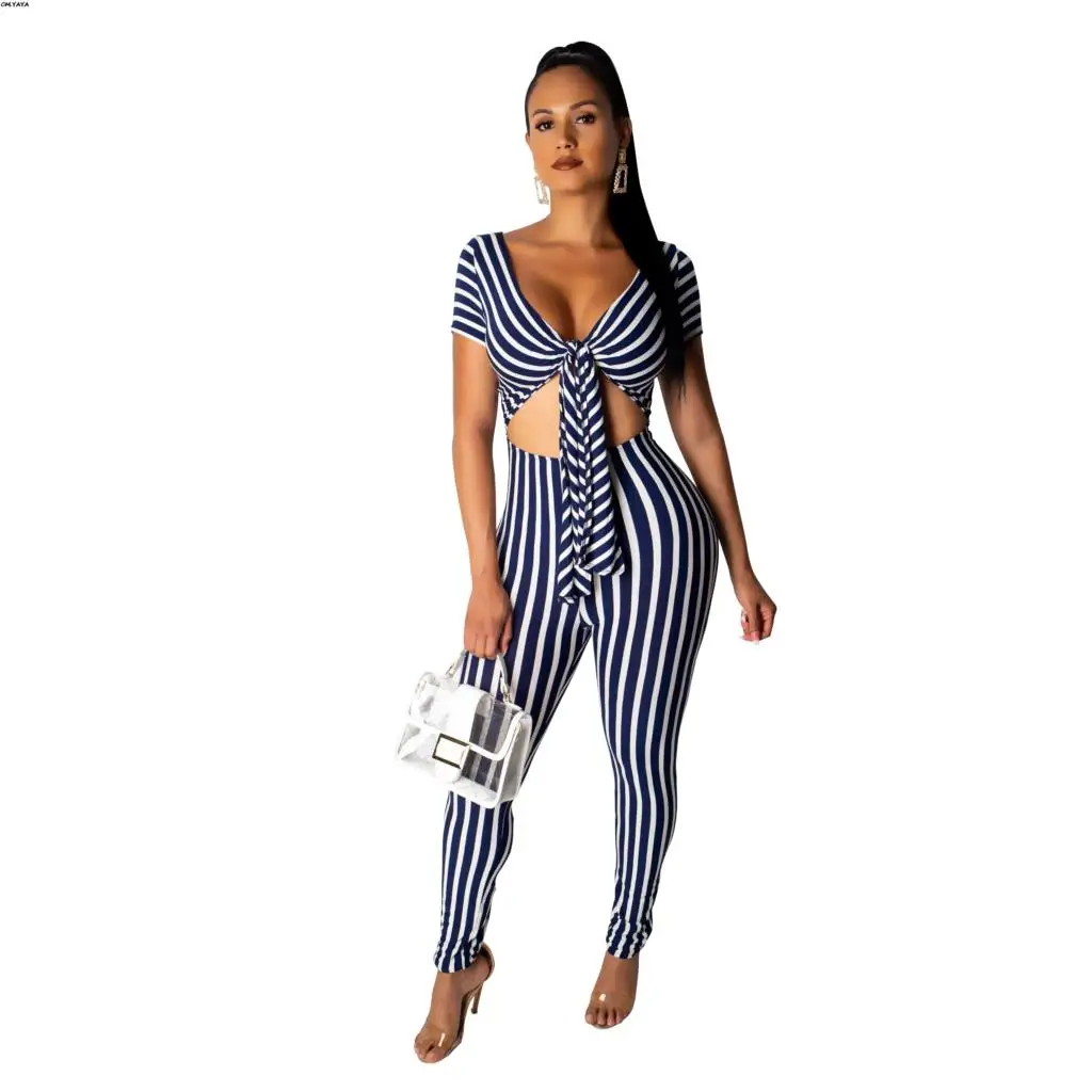 

2019 women summer stripes print tie up cut out v-neck short sleeve jumpsuit beach sexy party romper playsuit 5 color GLSMR9312