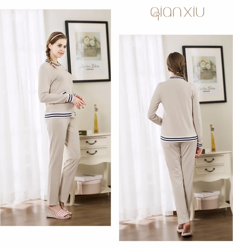 New Spring Autumn Couples Long Sleeve Stripe V Collar Cuffs Diagonal Pocket Cotton Home Clothes Suit Buttom Cardigan Sleepwear