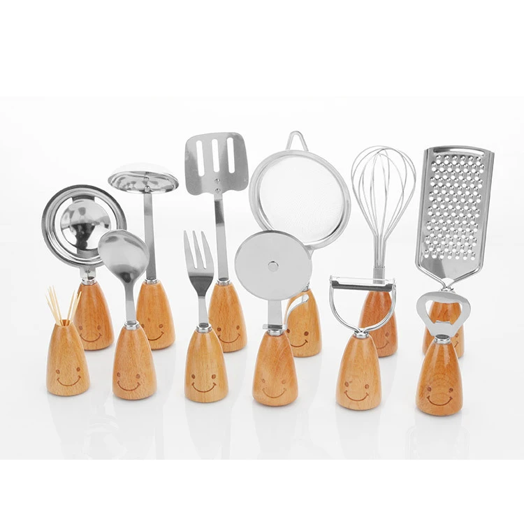 12 Pieces Stainless Steel Smiling Face Wooden Handle Cooking Tools Kitchen Utensils Set
