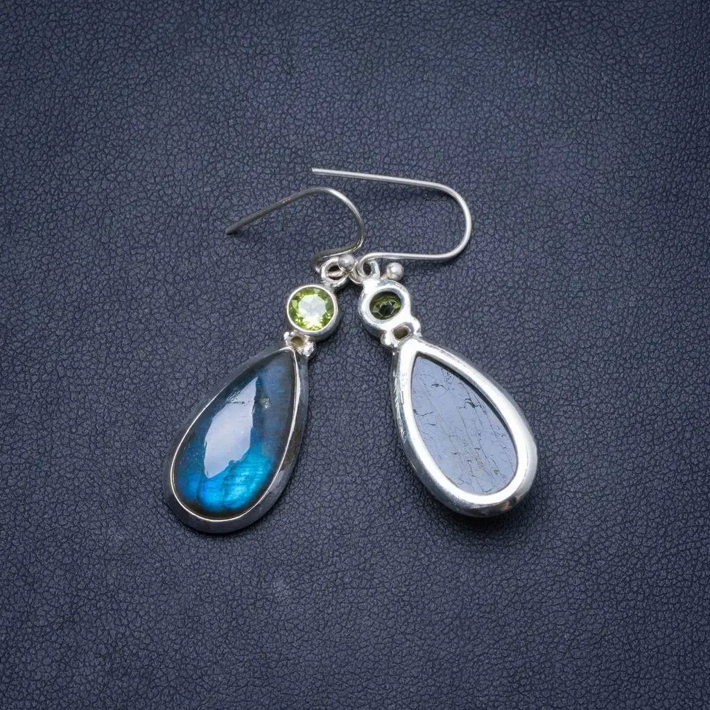 

Natural Labradorite and Peridot Handmade Unique 925 Sterling Silver Earrings 1.75" Y1264