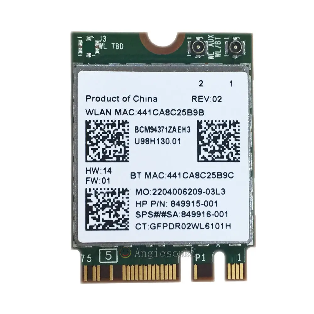 BCM94371ZAE Broadcom BCM94371ZAEH3 NGFF/M.2 2 4G/5G 802.11ac 867 Мбит/с беспроводной AC WiFi + BT 4 1 SPS 849915-001 WLAN карта