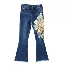 Весенне-летние повседневные женские Стрейчевые джинсовые брюки с завышенной талией, потертые джинсы с кисточками, брюки с вышивкой