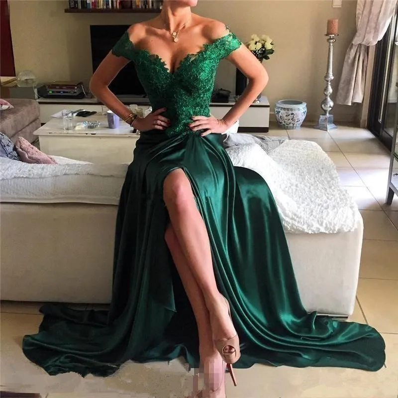 Зеленое платье с разрезом для выпускного вечера, длинное ТРАПЕЦИЕВИДНОЕ кружевное платье с аппликацией и открытыми плечами, Vestios De Fiesta, вечернее платье с открытой спиной