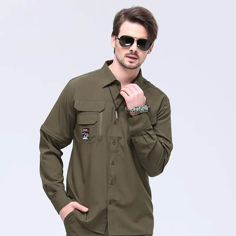 Mens Military Detachable Casual Shirts 2018 Autumn Breathable Men Shirt