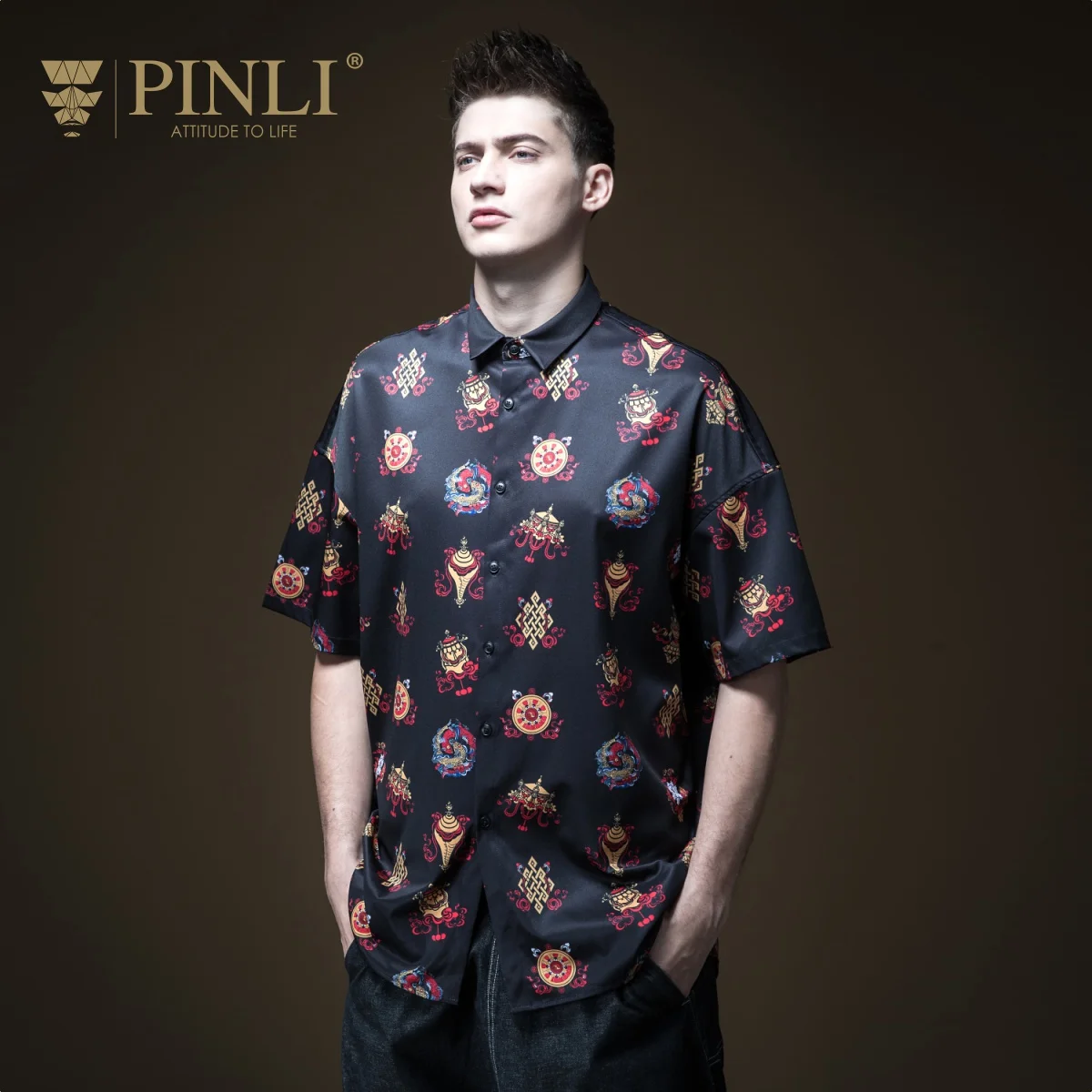Camisas Para Hombre Social Masculina Pinli летняя популярная новая мужская Свободная рубашка с короткими рукавами и принтом, B192213328 - Цвет: Black