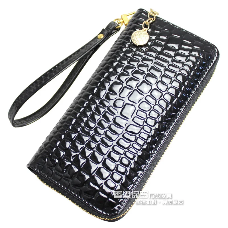 

Hot  big capacity ladies long purses high quality patent PU leather women wallets luxury  zipper day clutch Black ladies wallets