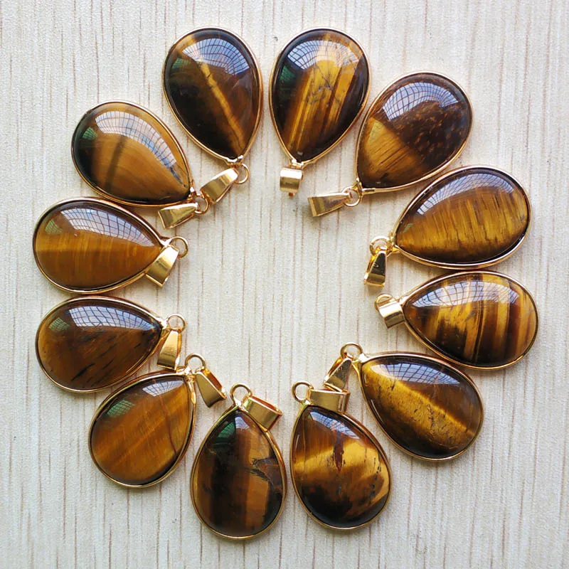 

wholesale 12pcs/lot New good quality natural tiger's eye stone gold side water drop charm pendants for jewelry making free