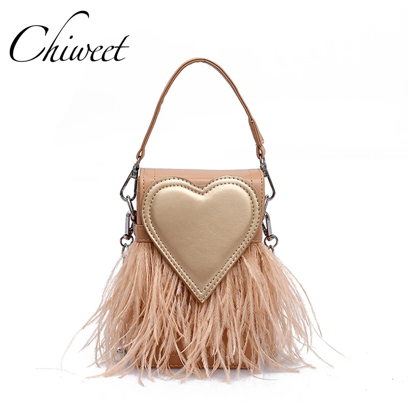 

Designer Ostrich Feather Luxury Handbags Chain Small Women Messenger Bags Lolita Heart Shoulder Bag Panelled Mini Tote Phone Bag