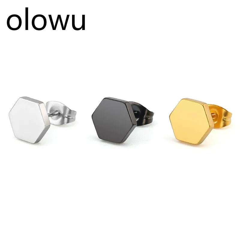 Olowu небольшие серьги Нержавеющая сталь черный серьги золотого цвета Для женщин дети шестиугольник шпильки геометрической формы серьги из металла