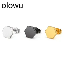 Olowu небольшие серьги Нержавеющая сталь черный серьги золотого цвета Для женщин дети шестиугольник шпильки геометрической формы серьги из металла
