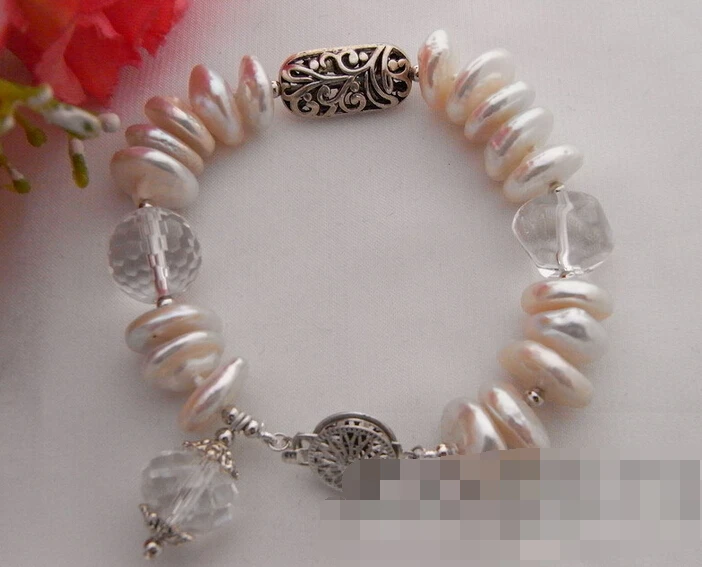 

free shipping 13321 Natural White Coin Pearl&Crystal Bracelet