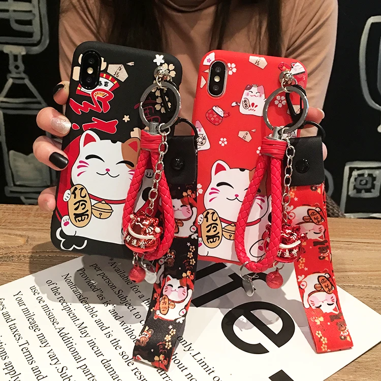 

For xiaomi 9 Fortune Cat Case, Cute Lucky Cat back Case cover For xiaomi redmi note 7 Maneki Neko Shell +Small bell Straps