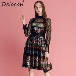 Delocah осень 2018 г. для женщин комплект модельер с длинным рукавом в горошек куртка с сеткой + великолепные блестками платье на бретельках