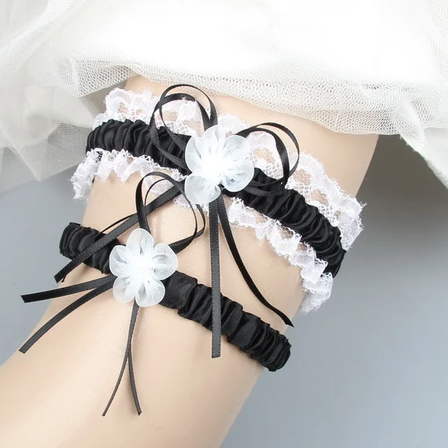 Black Garters Belts 2pcs Sexy Flower Ribbon Wedding Garter Set Bridal