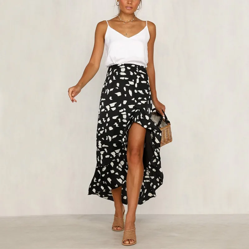 

Ruffle Print Skirt Women Boho Beach Summer Skirt Asymmetric High Waist Streetwear Long Skirt Polyester femme 2019 New Fashion
