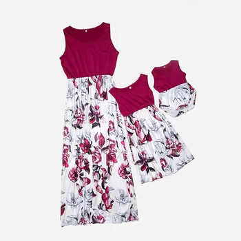 

Floral print mother daughter dresses sleeveless mommy and me clothes family look high waist mom mum baby matching dress outfits