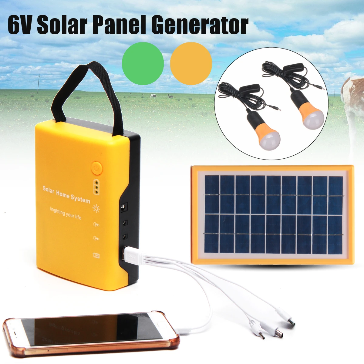 

4.5Ah/6V Portable Home Outdoor Solar Panel Power Generator USB Cable Charge Emergency Batteries lead acid LED Light System