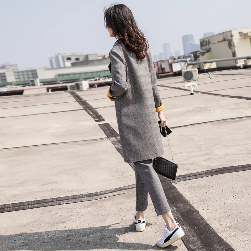 Women Double Breast Long Section Blazer Suits Office Lady Set Two-piece Work Set Long Sleeve Lattice Suit Jacket Women Suit Set Women Double Breast Long Section Blazer Suits Office Lady Set Two-piece Work Set Long Sleeve Lattice Suit Jacket Women Suit Set