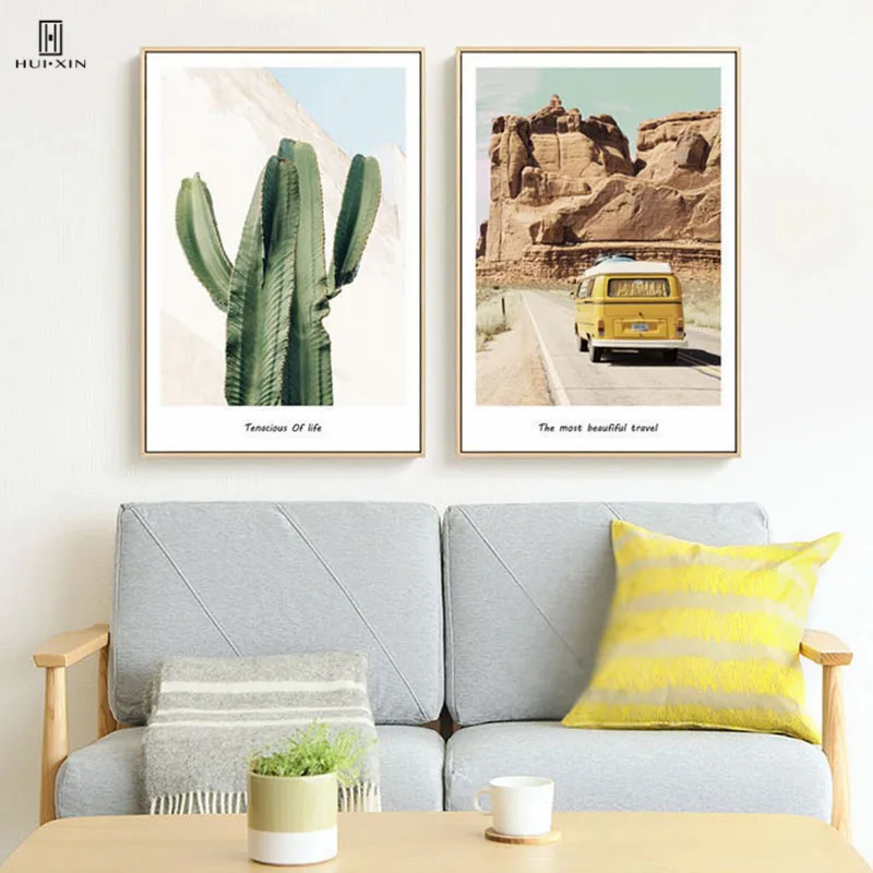 Nordic Tropical Plants Landscape Canvas Art Wall Decor Paintings Of The Green Cactus Yellow Mountain A Car On Yellow Hillside