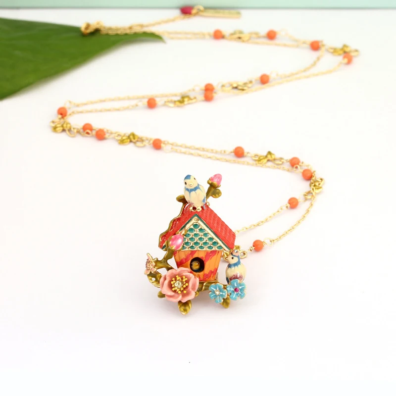 

2018 New Handmade Enamel Sparrow Bird House Love Rose Necklace Clavicle Chain Long-chain Summer Women Jewelry Accessories