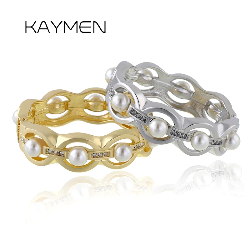 

KAYMEN Rhinestones and Imitaion Pearls Bangle Statement Golden Bracelet for Women, Wholesale Price New Fashion Cuff Bangle