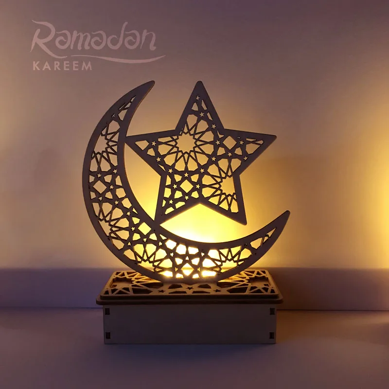 Ramadan Eid Mubarak Decorations for Home Moon LED Candles Light Wooden Plaque Hanging Pendant Islam Muslim Event Party Supplies