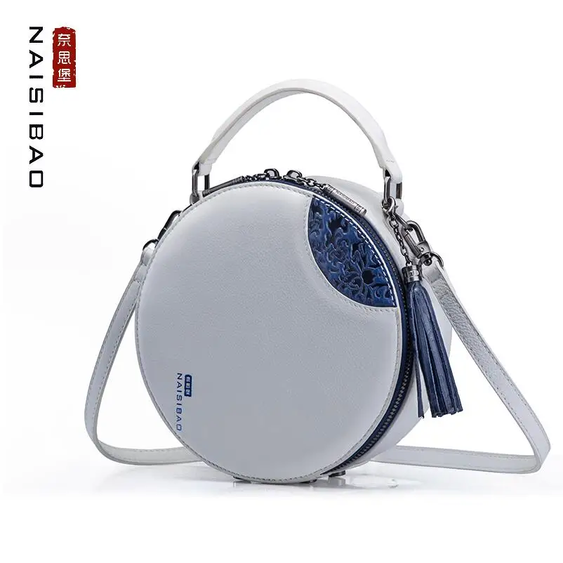 

NAISIBAO luxury fashion high-grade cowhide 2018 new small round bag shoulder bag portable small bag mini hit color handbag
