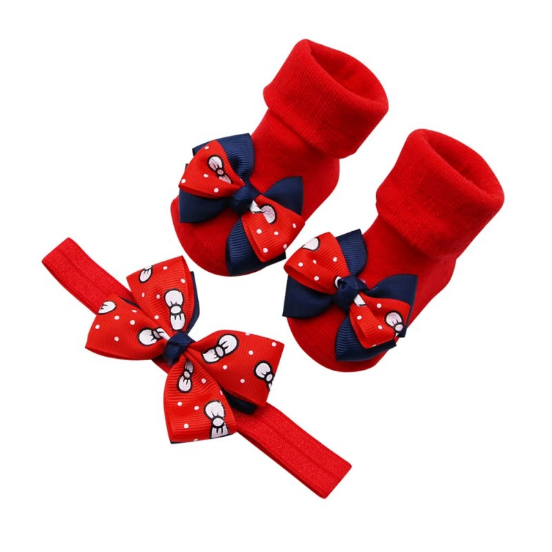 2PCS/Set Baby Socks For Girl Bebe Toddler Newborn Sock+ Bow Headband Infant Anti Slip Cotton Socks Glue Birthday Sock 0-1Years