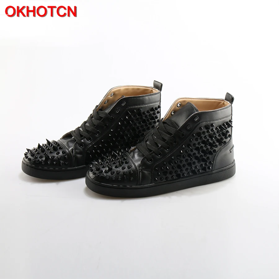 OKHOTCN Fashion Lace Up Men Shoes Sapato Masculino Zapatos Hombre High Top Casual Shoes Black Rivets Embellished Flats boots OKHOTCN Fashion Lace Up Men Shoes Sapato Masculino Zapatos Hombre High Top Casual Shoes Black Rivets Embellished Flats boots