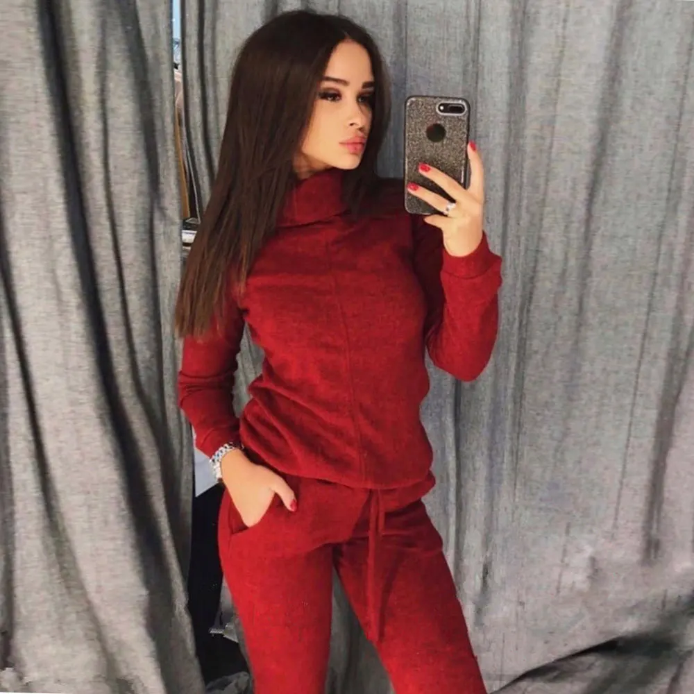 MVGIRLRU punto traje de dos piezas conjuntos de cuello alto línea media suéter + pantalón de chándal de mujer trajes - 1