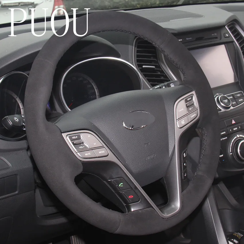 Puou черная замша Вручную прошитый рулевого колеса автомобиля крышки для hyundai Santa Fe 2013- hyundai ix45