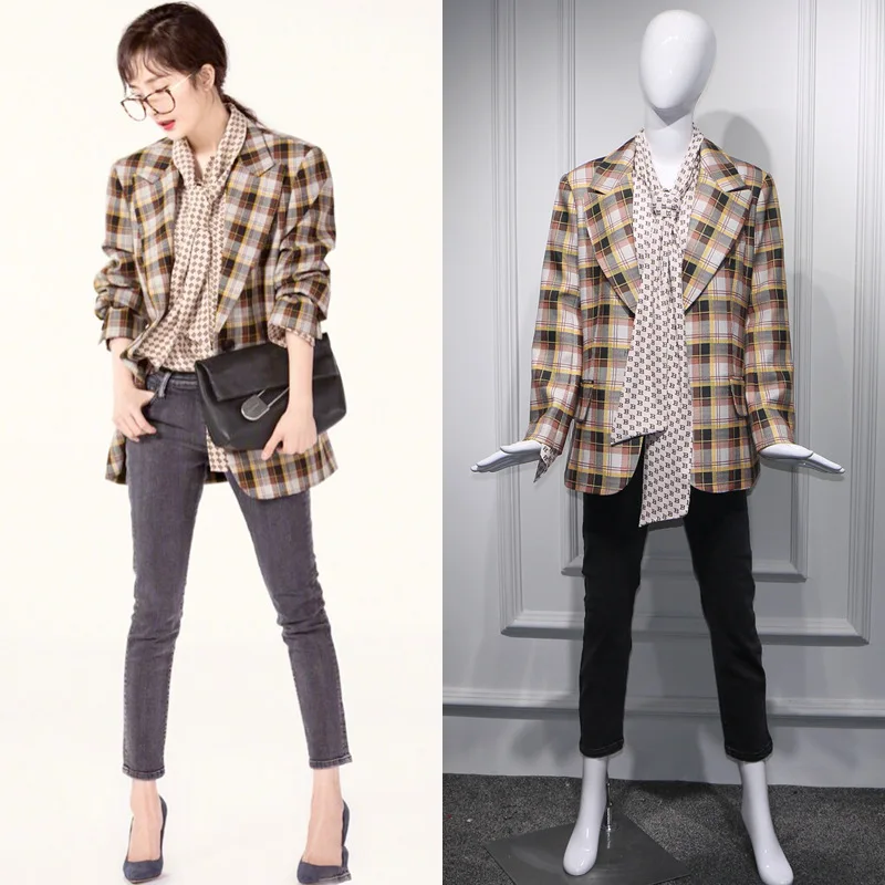 

2019 Spring Star Yang's Same Retro Plaid Inverness Style Suit Jacket Button Notched Single Button Plaid Women Jackets and Coats