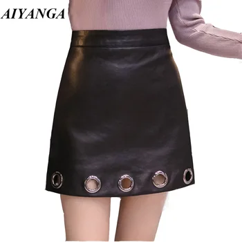 

2018 Fashion Sequined PU Short Skirt For Women Autumn Winter Leather Skirts High Waist package Hip Mini Black Skirts Female