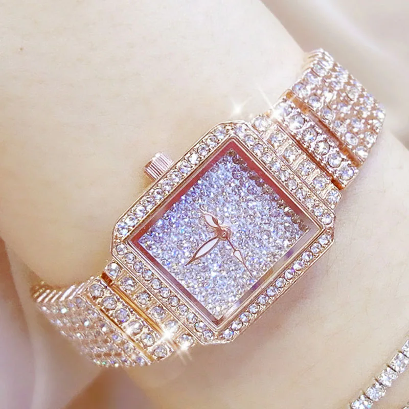 Best Watches for Women Fashion Square Watch Full of Diamonds Rose Gold