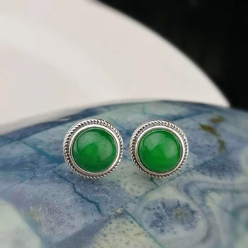 

925 Sterling Silver Earrings Natural Stone Jade Vintage Stud Earrings For Women Christmas Jewelry Boucle D'Oreille Femme