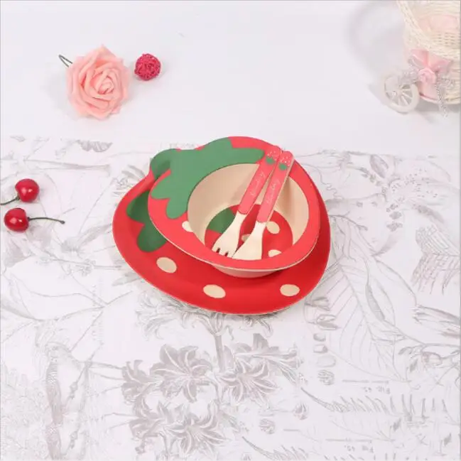 Bamboo fiber children utensils sets health baby cartoon strawberry creative tableware set Feeding set kids plate dishes