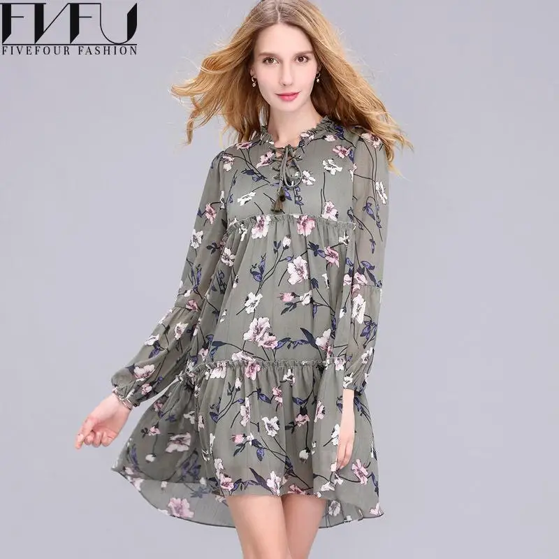 Fashion 2017 Women Pleated Elegant Dress Summer Autumn Floral Printing ...