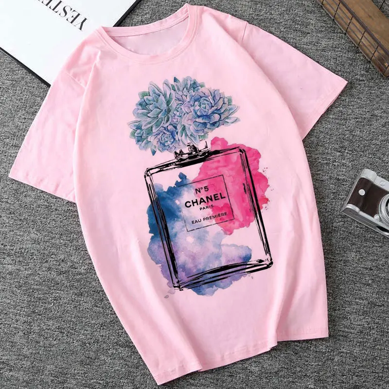 

Women Clothes 2019 Fashion Harajuku T Shirt Summer Thin Section Flower Perfume Woman Printed Tshirt Leisure Streetwear Tshirt