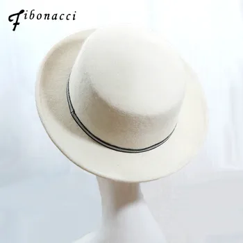 

Fibonacci 2018 New Brand Quality Fedora Flat Top White Wool Felt Hats Ladies Autumn Winter Vintage Trilby Men Women Hat