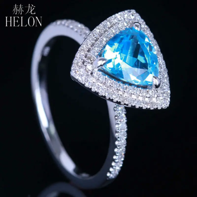 HELON 7x7 мм триллион 1.5ct Голубой топаз кольцо Твердое 14 к белое золото тонкие Алмазы обручальные свадебные кольца красивые ювелирные изделия