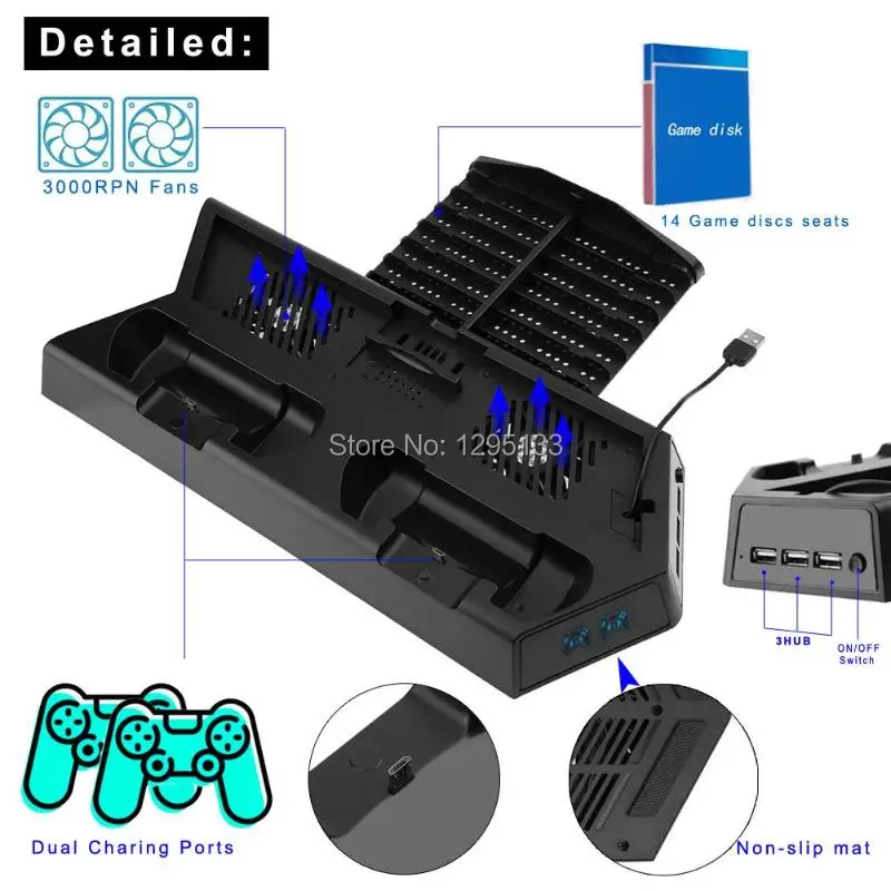 PS4 консоли Mutilfunction охлаждающий вентилятор Cooler вертикальная подставка w/двойной зарядная станция и для хранения компакт-дисков для PS4 тонкий Поляризационный Фильтр Pro Контроллеры